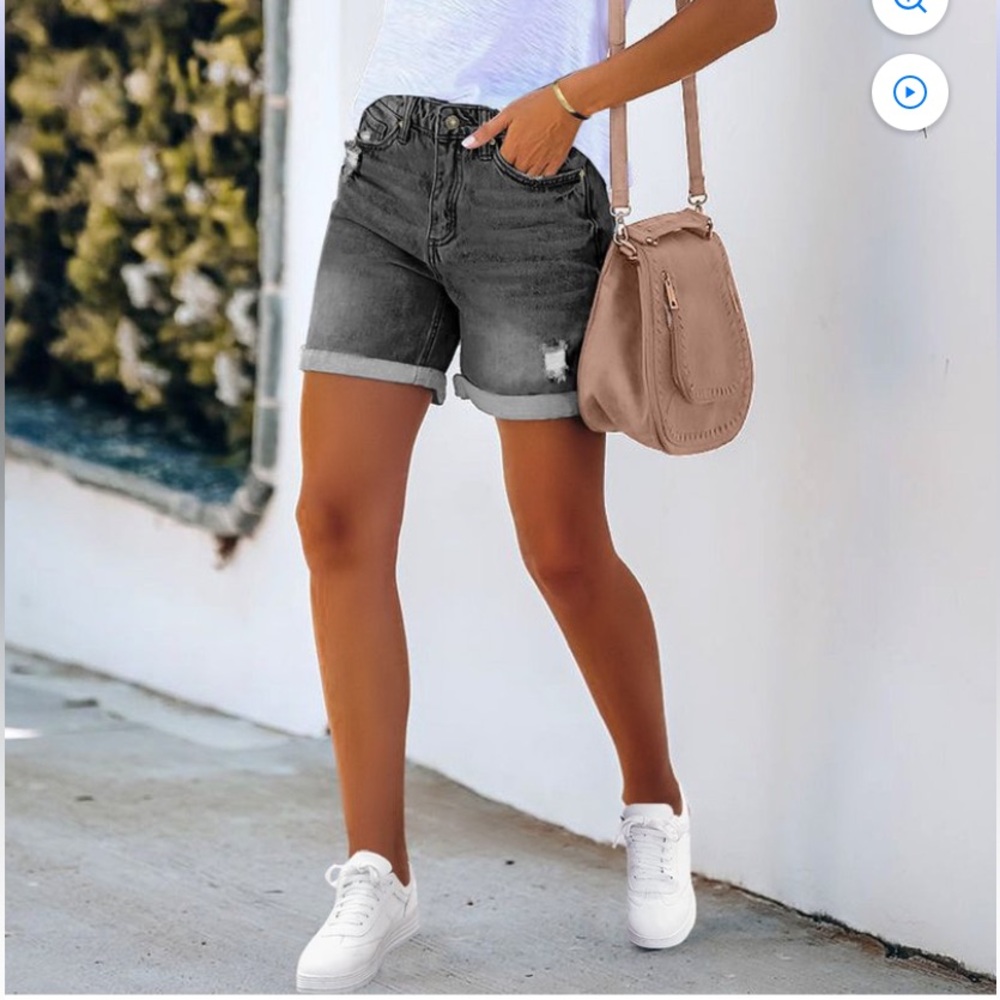 Casual Black Denim Roll-Cuff Women's Shorts